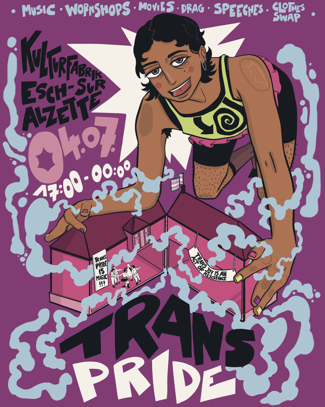 Poster for the 2026 trans pride at Kulturfabrik in Esch-sur-Alzette.